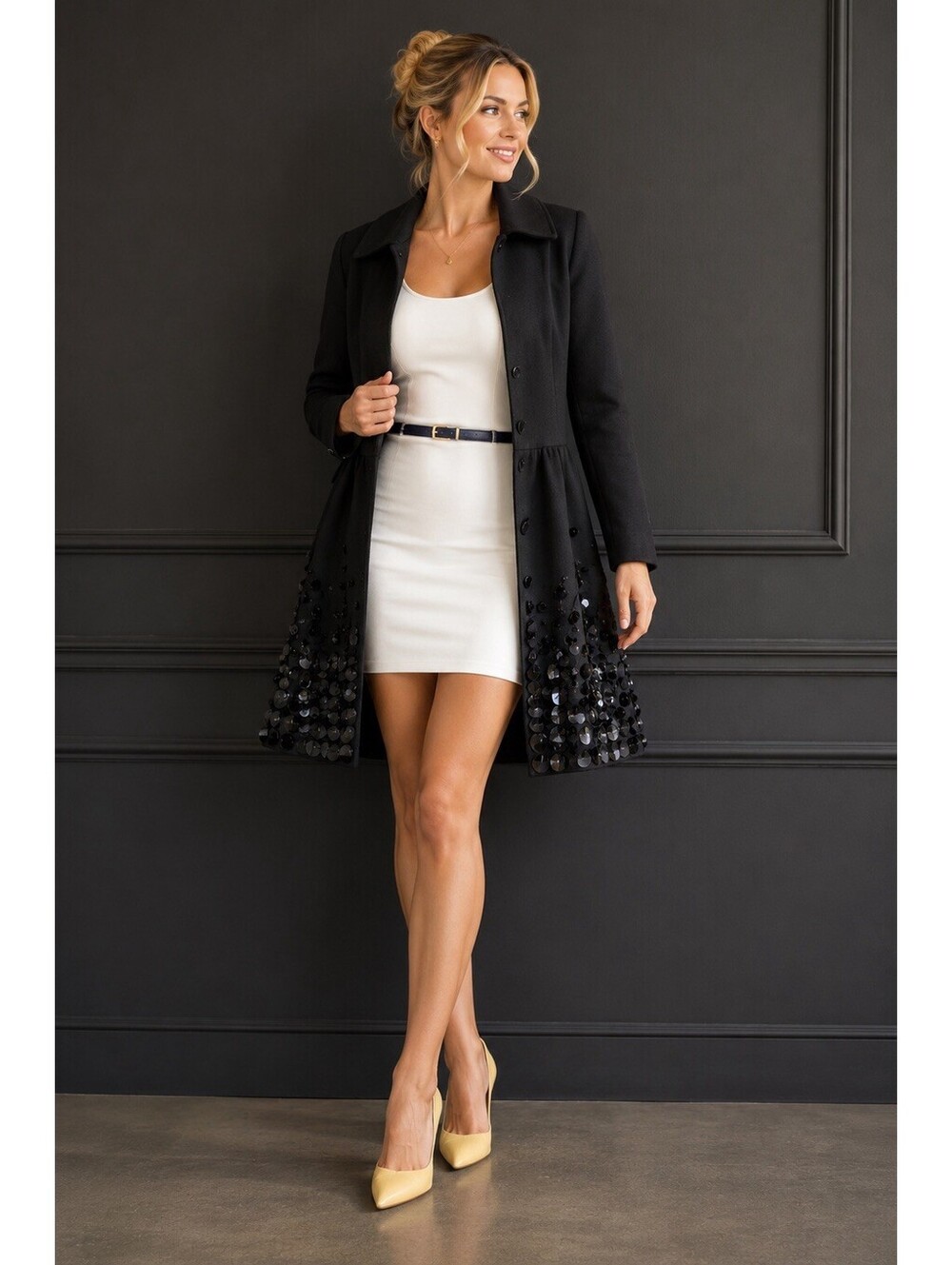 ETCETERA Women’s Black Mid-Length Button Front Embellished Lined Coat Size 0